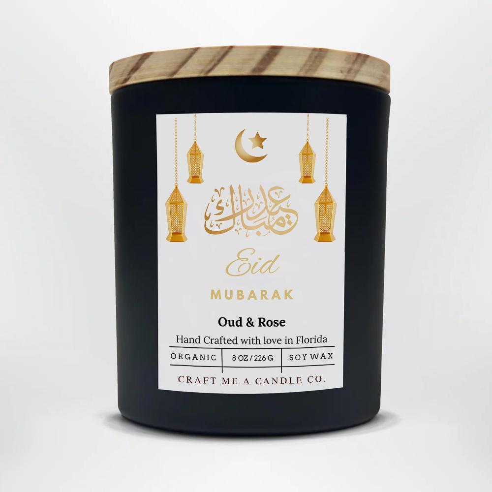 Eid Mubarak Soy Candle 8 oz Oud and Rose Black Jar Islamic Gift Eid Decor Handmade Scented Candle