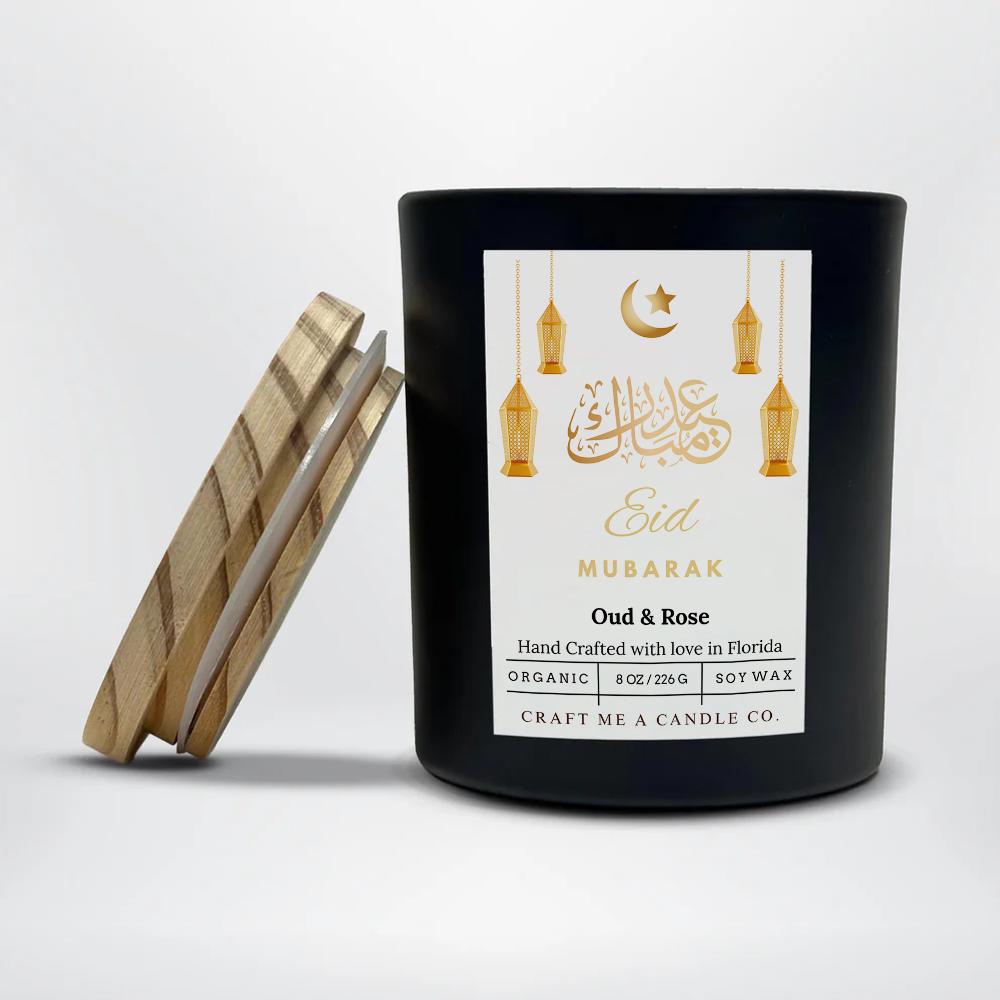 Eid Mubarak Soy Candle 8 oz Oud and Rose Black Jar Islamic Gift Eid Decor Handmade Scented Candle