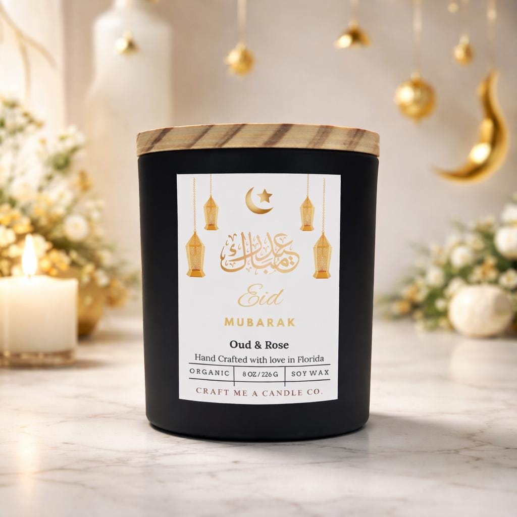 Eid Mubarak Soy Candle 8 oz Oud and Rose Black Jar Islamic Gift Eid Decor Handmade Scented Candle