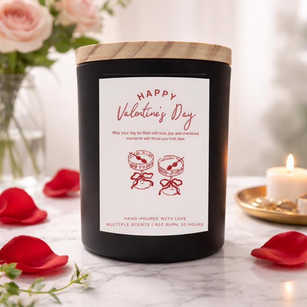 Happy Valentines Day Soy Candle 8 oz Love Scent Black Jar Romantic Gift Handmade Scented Candle