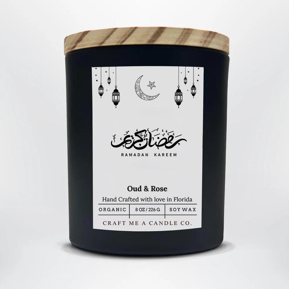 Ramadan Mubarak Soy Candle 8 oz Oud and Rose Black Jar Islamic Gift Eid Decor Handmade Scented Candle