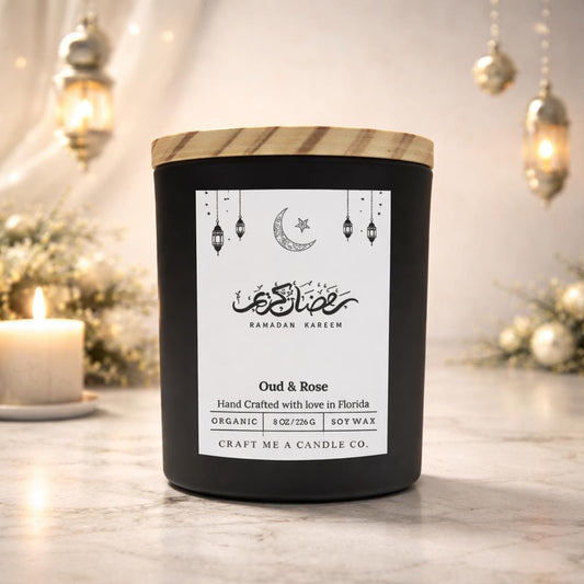 Ramadan Mubarak Soy Candle 8 oz Oud and Rose Black Jar Islamic Gift Eid Decor Handmade Scented Candle